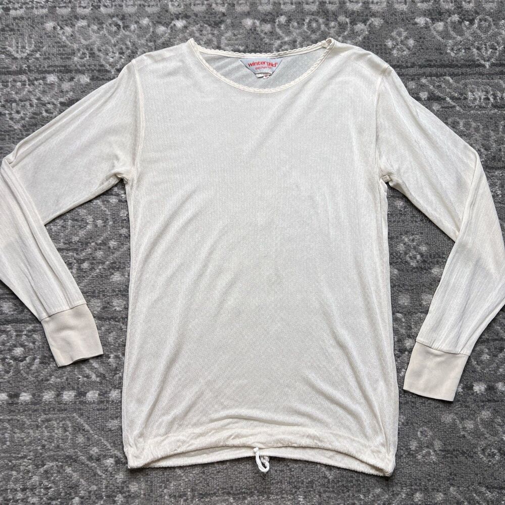 Vtg Winter Gold Base Layer Womens 100% Silk Top Small Ivory Long Sleeve Tie Hem